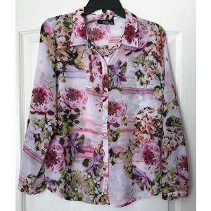 A.N.A Pink Floral Long Sleeve Blouse Top Size L